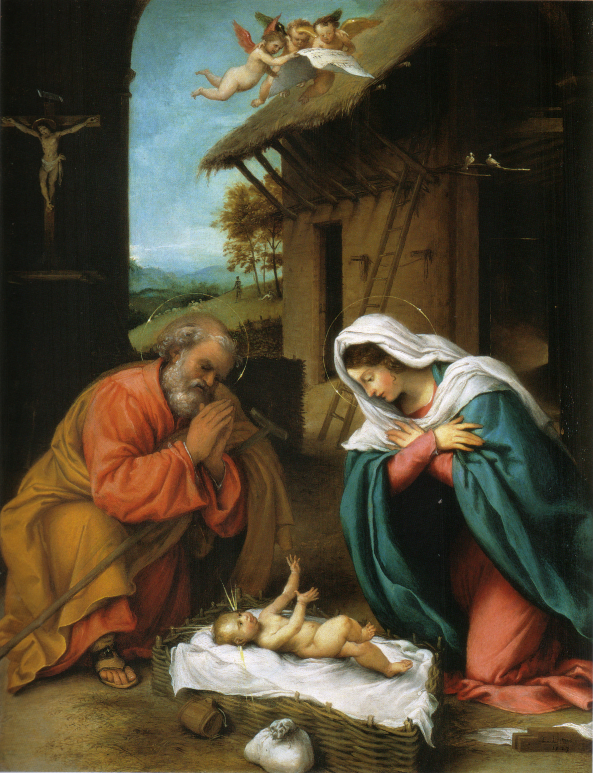 Painting of a nativity scene by Lorenzo Lotto